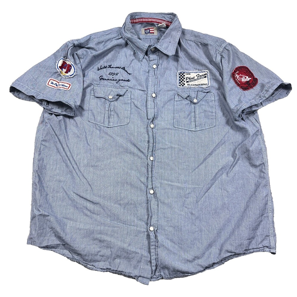 Vintage Y2K Phat Farm Shirt Men XXL 2XL Blue Button Up Biker Motorcycle Club *